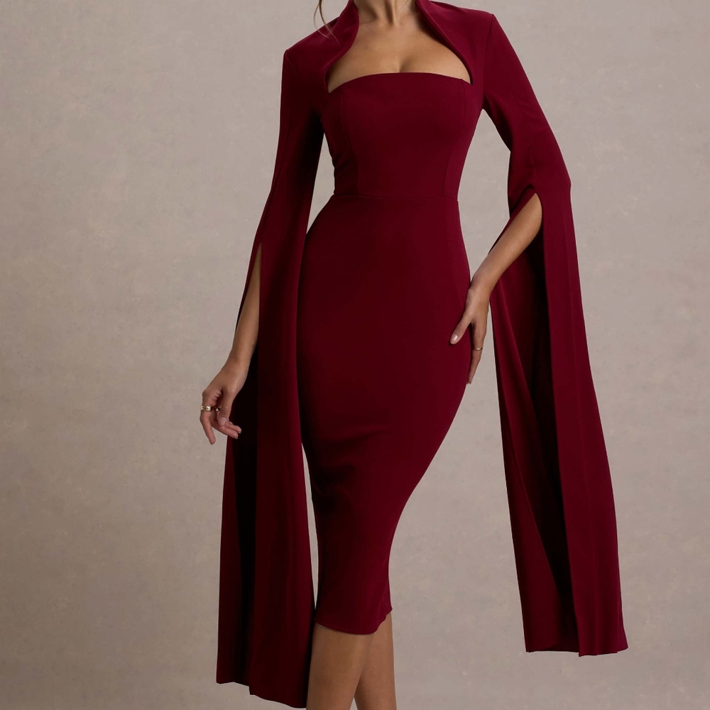 Berry Bodycon Cape-Sleeve Midi Dress